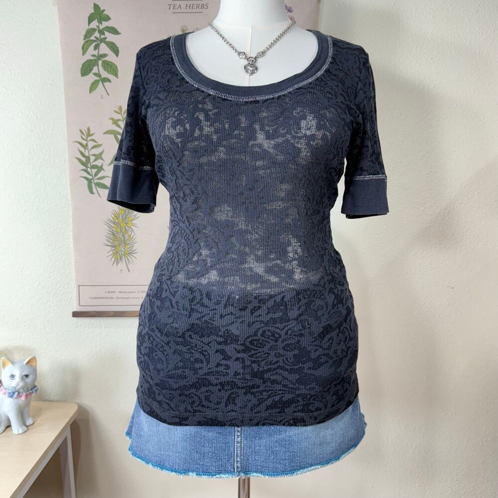 90s Y2k Sheer Floral Burnout Thermal Top Trashy McBling Fairy Grunge Bimbo M L